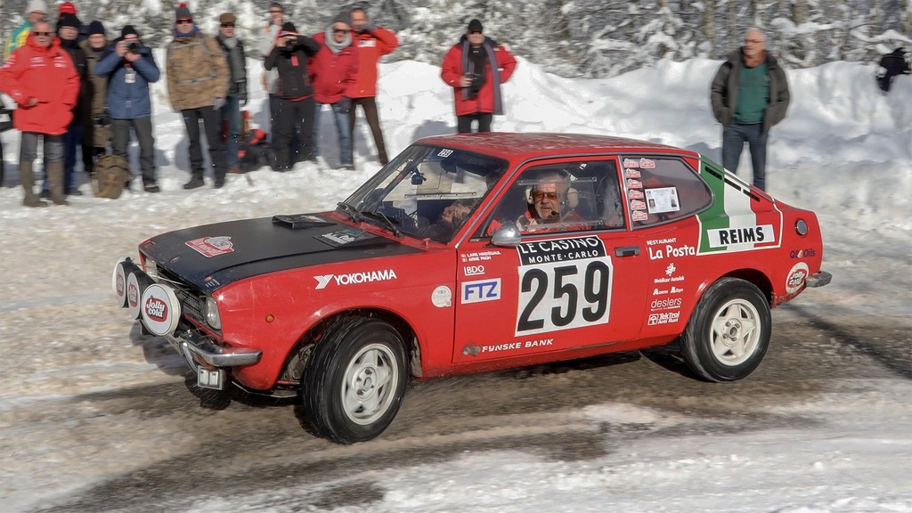 Lars Hindsgaul og Arne Pagh i deres Fiat 128 Coupé i 2019 udgaven af RMCH
(Foto: Viggo Johansen, rallypics.dk)